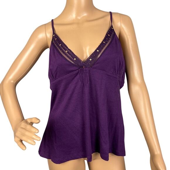Y2K Ellemenno Women's Babydoll Top Purple Sheer Detail Beading XL NWT Deadstock - Picture 1 of 8